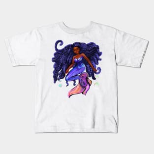 mermaid with flowing blue black braids , brown eyes curly Afro hair and caramel brown skin Kids T-Shirt